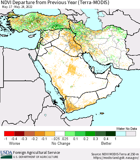 Middle East and Turkey NDVI Departure from Previous Year (Terra-MODIS) Thematic Map For 5/21/2022 - 5/31/2022