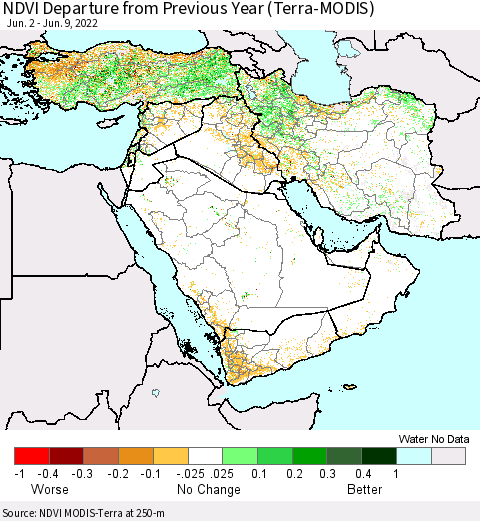Middle East and Turkey NDVI Departure from Previous Year (Terra-MODIS) Thematic Map For 6/2/2022 - 6/9/2022