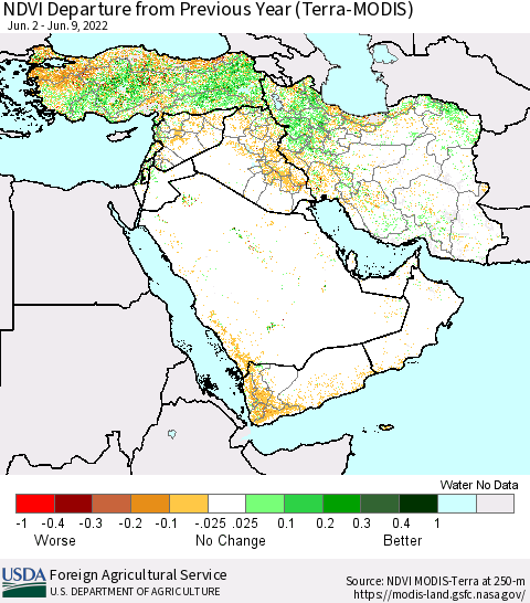 Middle East and Turkey NDVI Departure from Previous Year (Terra-MODIS) Thematic Map For 6/1/2022 - 6/10/2022