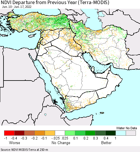 Middle East and Turkey NDVI Departure from Previous Year (Terra-MODIS) Thematic Map For 6/10/2022 - 6/17/2022