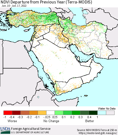 Middle East and Turkey NDVI Departure from Previous Year (Terra-MODIS) Thematic Map For 6/11/2022 - 6/20/2022