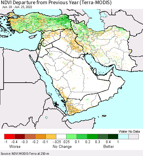 Middle East and Turkey NDVI Departure from Previous Year (Terra-MODIS) Thematic Map For 6/18/2022 - 6/25/2022