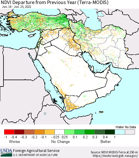 Middle East and Turkey NDVI Departure from Previous Year (Terra-MODIS) Thematic Map For 6/21/2022 - 6/30/2022