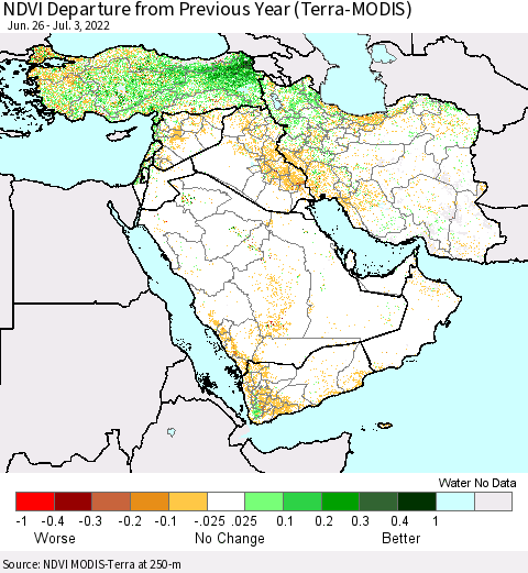 Middle East and Turkey NDVI Departure from Previous Year (Terra-MODIS) Thematic Map For 6/26/2022 - 7/3/2022