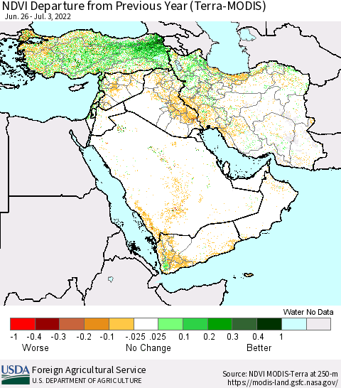 Middle East and Turkey NDVI Departure from Previous Year (Terra-MODIS) Thematic Map For 7/1/2022 - 7/10/2022