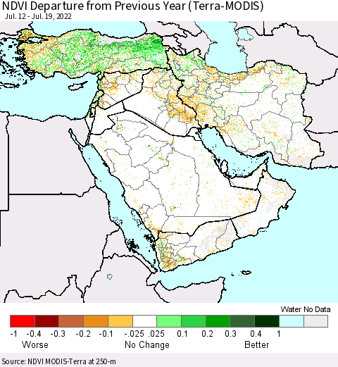 Middle East and Turkey NDVI Departure from Previous Year (Terra-MODIS) Thematic Map For 7/12/2022 - 7/19/2022