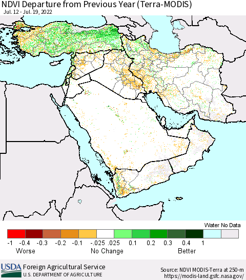 Middle East and Turkey NDVI Departure from Previous Year (Terra-MODIS) Thematic Map For 7/11/2022 - 7/20/2022