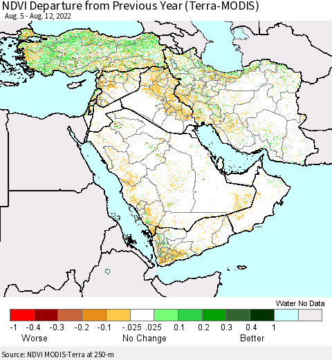 Middle East and Turkey NDVI Departure from Previous Year (Terra-MODIS) Thematic Map For 8/5/2022 - 8/12/2022