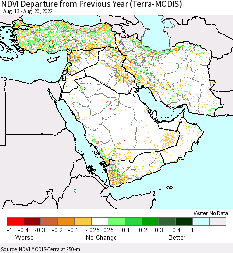 Middle East and Turkey NDVI Departure from Previous Year (Terra-MODIS) Thematic Map For 8/11/2022 - 8/20/2022