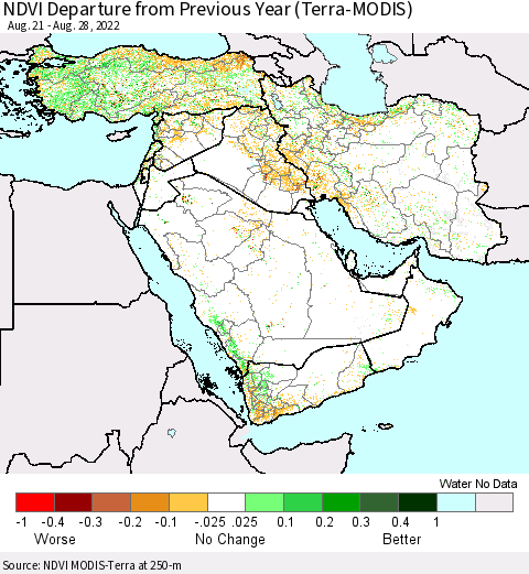 Middle East and Turkey NDVI Departure from Previous Year (Terra-MODIS) Thematic Map For 8/21/2022 - 8/28/2022