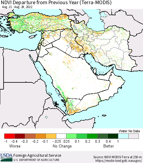 Middle East and Turkey NDVI Departure from Previous Year (Terra-MODIS) Thematic Map For 8/21/2022 - 8/31/2022