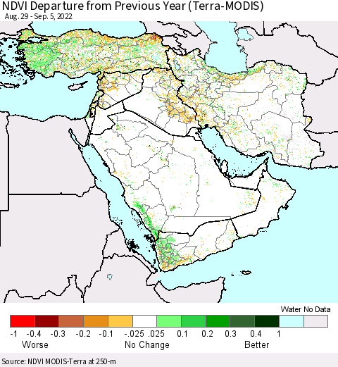 Middle East and Turkey NDVI Departure from Previous Year (Terra-MODIS) Thematic Map For 8/29/2022 - 9/5/2022