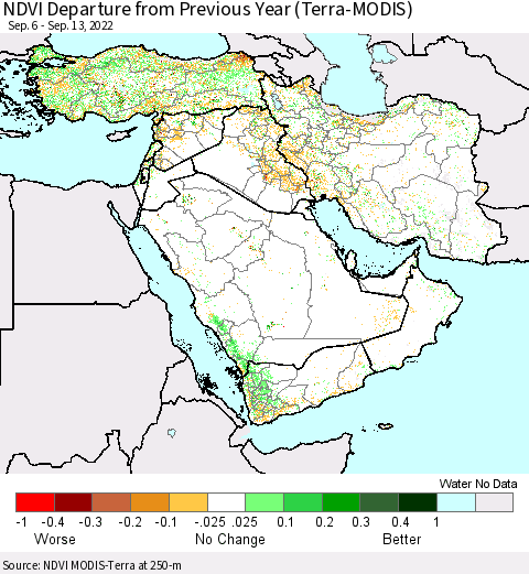 Middle East and Turkey NDVI Departure from Previous Year (Terra-MODIS) Thematic Map For 9/6/2022 - 9/13/2022