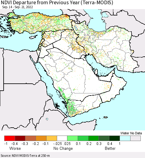 Middle East and Turkey NDVI Departure from Previous Year (Terra-MODIS) Thematic Map For 9/14/2022 - 9/21/2022
