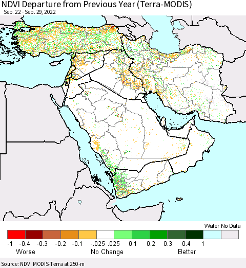 Middle East and Turkey NDVI Departure from Previous Year (Terra-MODIS) Thematic Map For 9/22/2022 - 9/29/2022