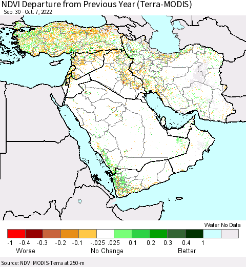 Middle East and Turkey NDVI Departure from Previous Year (Terra-MODIS) Thematic Map For 9/30/2022 - 10/7/2022