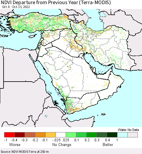 Middle East and Turkey NDVI Departure from Previous Year (Terra-MODIS) Thematic Map For 10/8/2022 - 10/15/2022