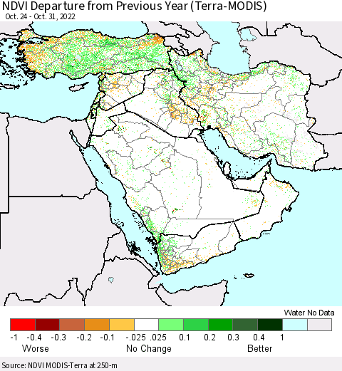 Middle East and Turkey NDVI Departure from Previous Year (Terra-MODIS) Thematic Map For 10/21/2022 - 10/31/2022
