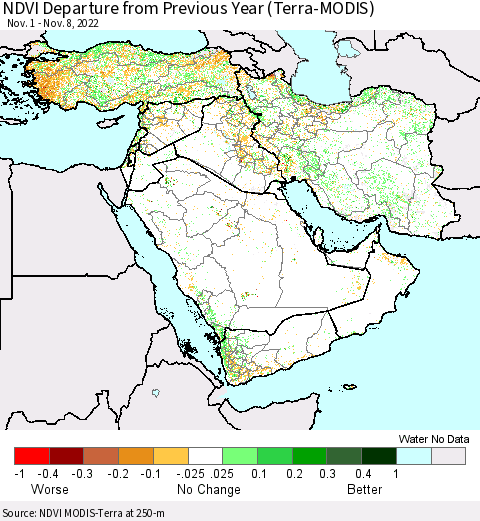Middle East and Turkey NDVI Departure from Previous Year (Terra-MODIS) Thematic Map For 11/1/2022 - 11/8/2022