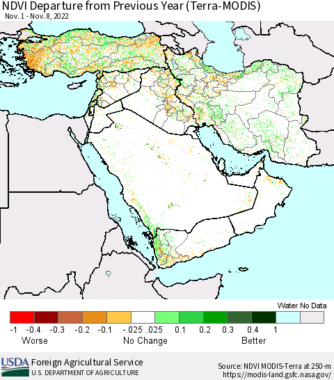Middle East and Turkey NDVI Departure from Previous Year (Terra-MODIS) Thematic Map For 11/1/2022 - 11/10/2022