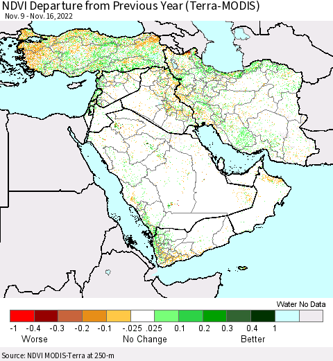 Middle East and Turkey NDVI Departure from Previous Year (Terra-MODIS) Thematic Map For 11/9/2022 - 11/16/2022