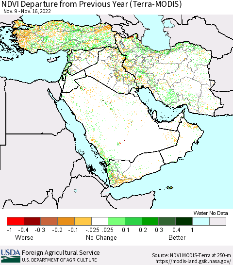 Middle East and Turkey NDVI Departure from Previous Year (Terra-MODIS) Thematic Map For 11/11/2022 - 11/20/2022