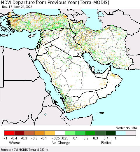 Middle East and Turkey NDVI Departure from Previous Year (Terra-MODIS) Thematic Map For 11/17/2022 - 11/24/2022