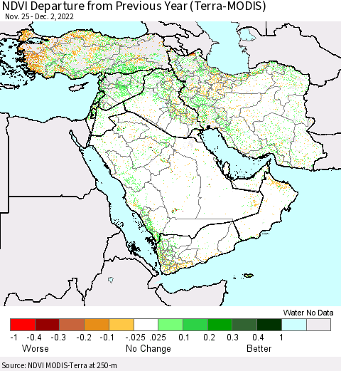 Middle East and Turkey NDVI Departure from Previous Year (Terra-MODIS) Thematic Map For 11/25/2022 - 12/2/2022