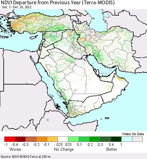 Middle East and Turkey NDVI Departure from Previous Year (Terra-MODIS) Thematic Map For 12/3/2022 - 12/10/2022