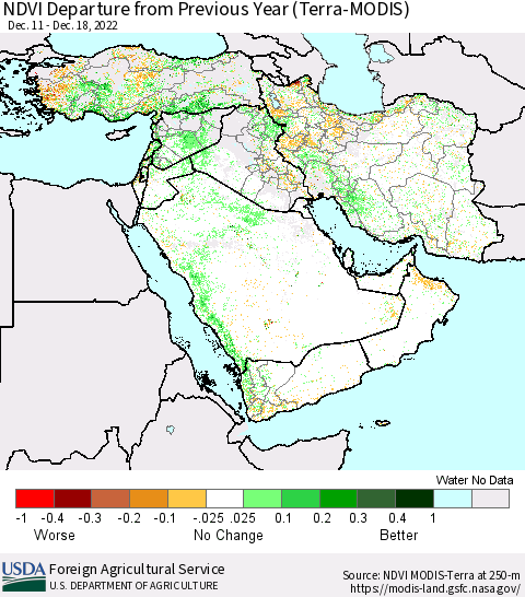 Middle East and Turkey NDVI Departure from Previous Year (Terra-MODIS) Thematic Map For 12/11/2022 - 12/20/2022