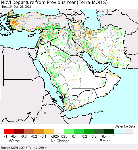 Middle East and Turkey NDVI Departure from Previous Year (Terra-MODIS) Thematic Map For 12/19/2022 - 12/26/2022