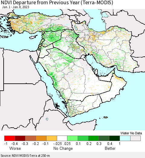 Middle East and Turkey NDVI Departure from Previous Year (Terra-MODIS) Thematic Map For 1/1/2023 - 1/8/2023