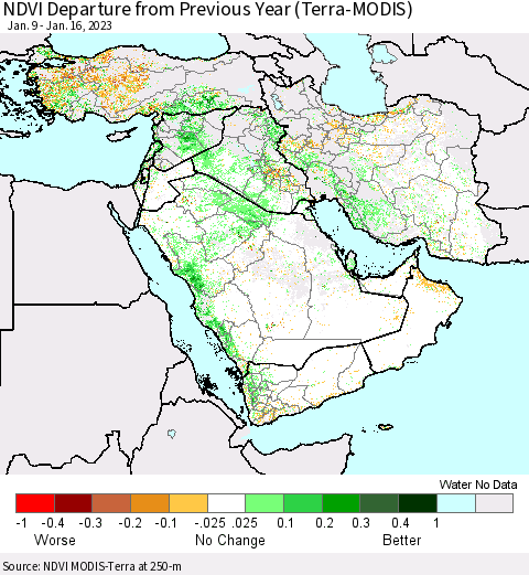Middle East and Turkey NDVI Departure from Previous Year (Terra-MODIS) Thematic Map For 1/9/2023 - 1/16/2023