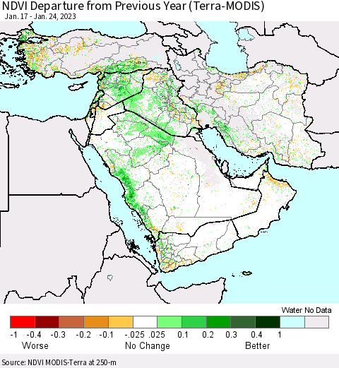Middle East and Turkey NDVI Departure from Previous Year (Terra-MODIS) Thematic Map For 1/17/2023 - 1/24/2023
