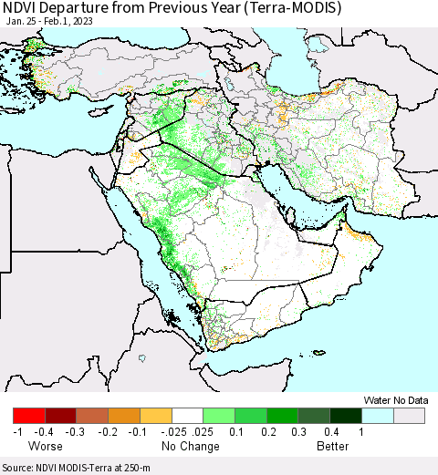 Middle East and Turkey NDVI Departure from Previous Year (Terra-MODIS) Thematic Map For 1/25/2023 - 2/1/2023