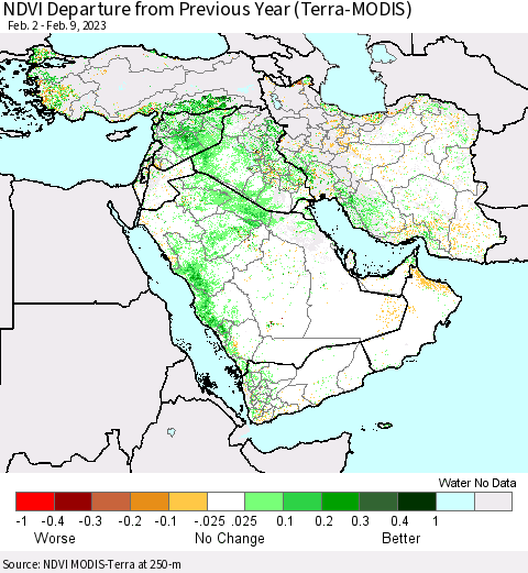 Middle East and Turkey NDVI Departure from Previous Year (Terra-MODIS) Thematic Map For 2/2/2023 - 2/9/2023