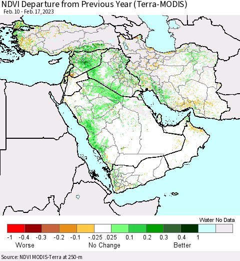Middle East and Turkey NDVI Departure from Previous Year (Terra-MODIS) Thematic Map For 2/10/2023 - 2/17/2023