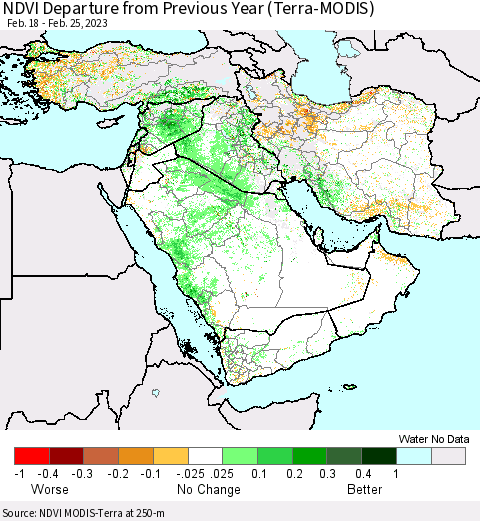 Middle East and Turkey NDVI Departure from Previous Year (Terra-MODIS) Thematic Map For 2/18/2023 - 2/25/2023