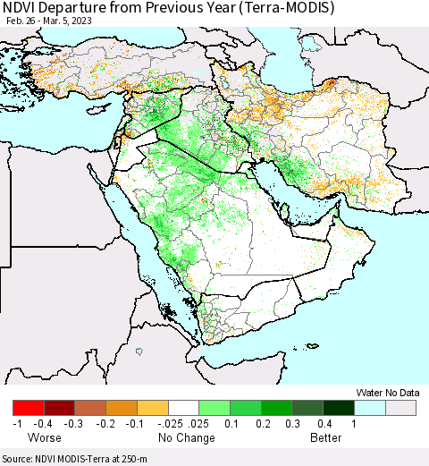 Middle East and Turkey NDVI Departure from Previous Year (Terra-MODIS) Thematic Map For 2/26/2023 - 3/5/2023