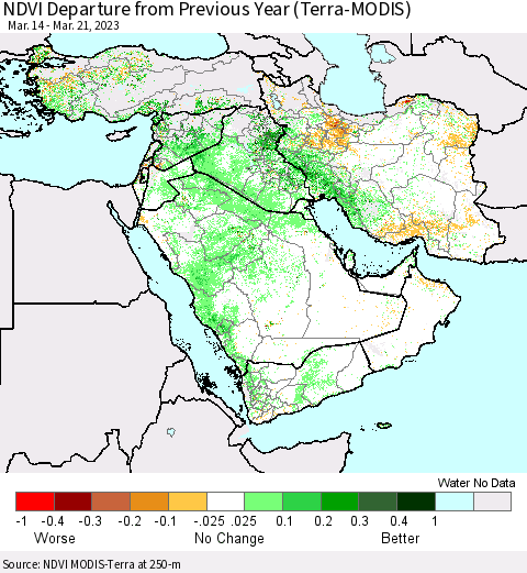 Middle East and Turkey NDVI Departure from Previous Year (Terra-MODIS) Thematic Map For 3/14/2023 - 3/21/2023