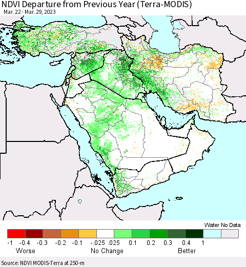 Middle East and Turkey NDVI Departure from Previous Year (Terra-MODIS) Thematic Map For 3/22/2023 - 3/29/2023