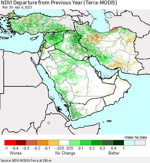 Middle East and Turkey NDVI Departure from Previous Year (Terra-MODIS) Thematic Map For 3/30/2023 - 4/6/2023