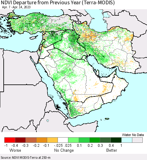 Middle East and Turkey NDVI Departure from Previous Year (Terra-MODIS) Thematic Map For 4/7/2023 - 4/14/2023