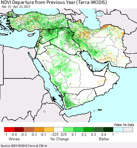 Middle East and Turkey NDVI Departure from Previous Year (Terra-MODIS) Thematic Map For 4/15/2023 - 4/22/2023