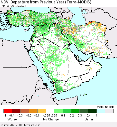 Middle East and Turkey NDVI Departure from Previous Year (Terra-MODIS) Thematic Map For 4/23/2023 - 4/30/2023