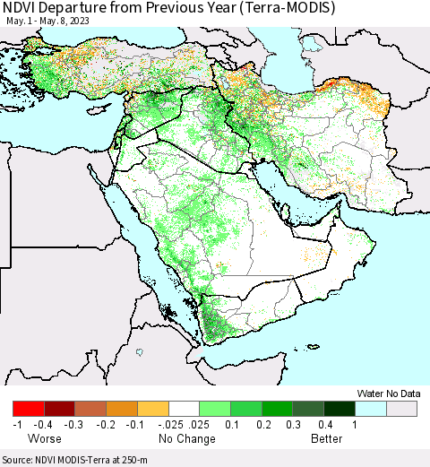 Middle East and Turkey NDVI Departure from Previous Year (Terra-MODIS) Thematic Map For 5/1/2023 - 5/8/2023