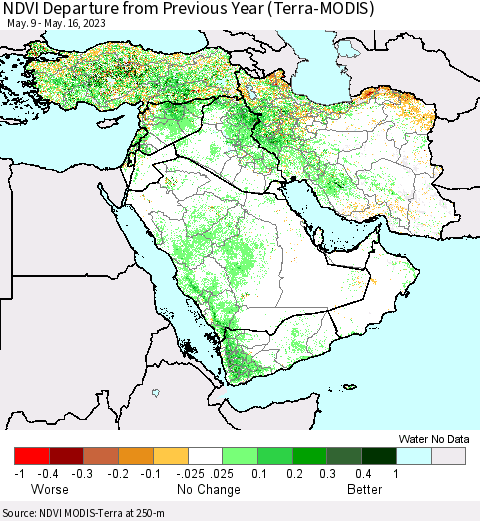 Middle East and Turkey NDVI Departure from Previous Year (Terra-MODIS) Thematic Map For 5/9/2023 - 5/16/2023