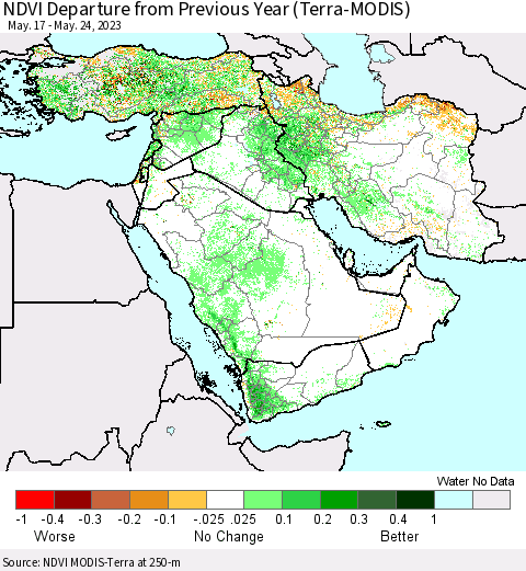 Middle East and Turkey NDVI Departure from Previous Year (Terra-MODIS) Thematic Map For 5/17/2023 - 5/24/2023