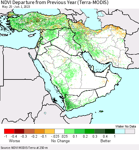 Middle East and Turkey NDVI Departure from Previous Year (Terra-MODIS) Thematic Map For 5/25/2023 - 6/1/2023