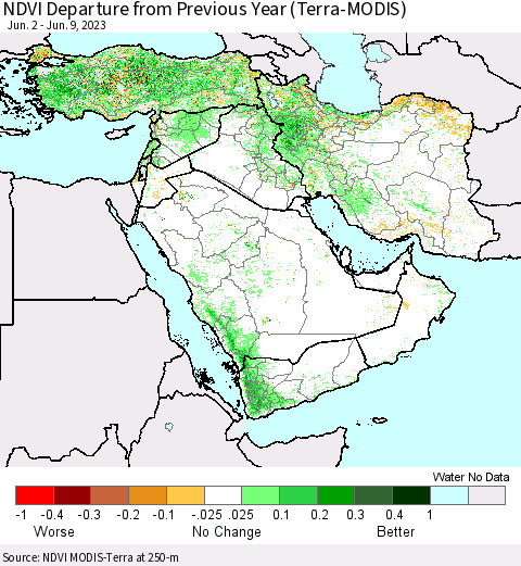 Middle East and Turkey NDVI Departure from Previous Year (Terra-MODIS) Thematic Map For 6/2/2023 - 6/9/2023